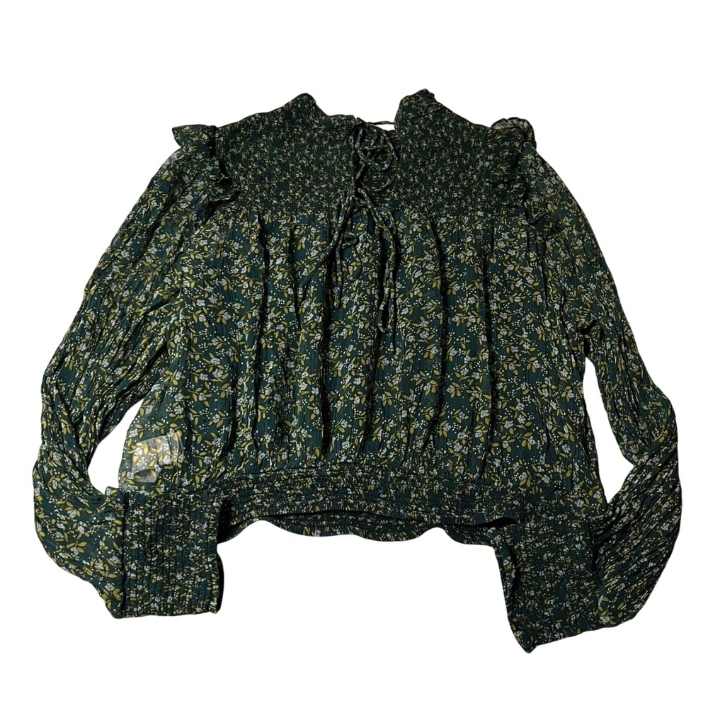 Free People Floral Smocked Crinkle Blouse Green Long Sleeve Ruffle Top XL - Picture 6 of 10